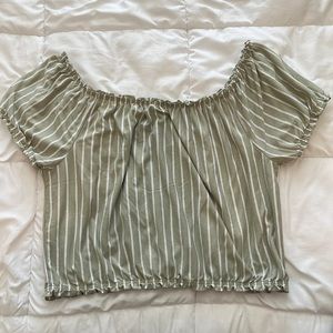 AMERICAN EAGLE OUTFITTERS GREEN AND WHITE STRIPED OFF THE SHOULDER BUBBLE TOP